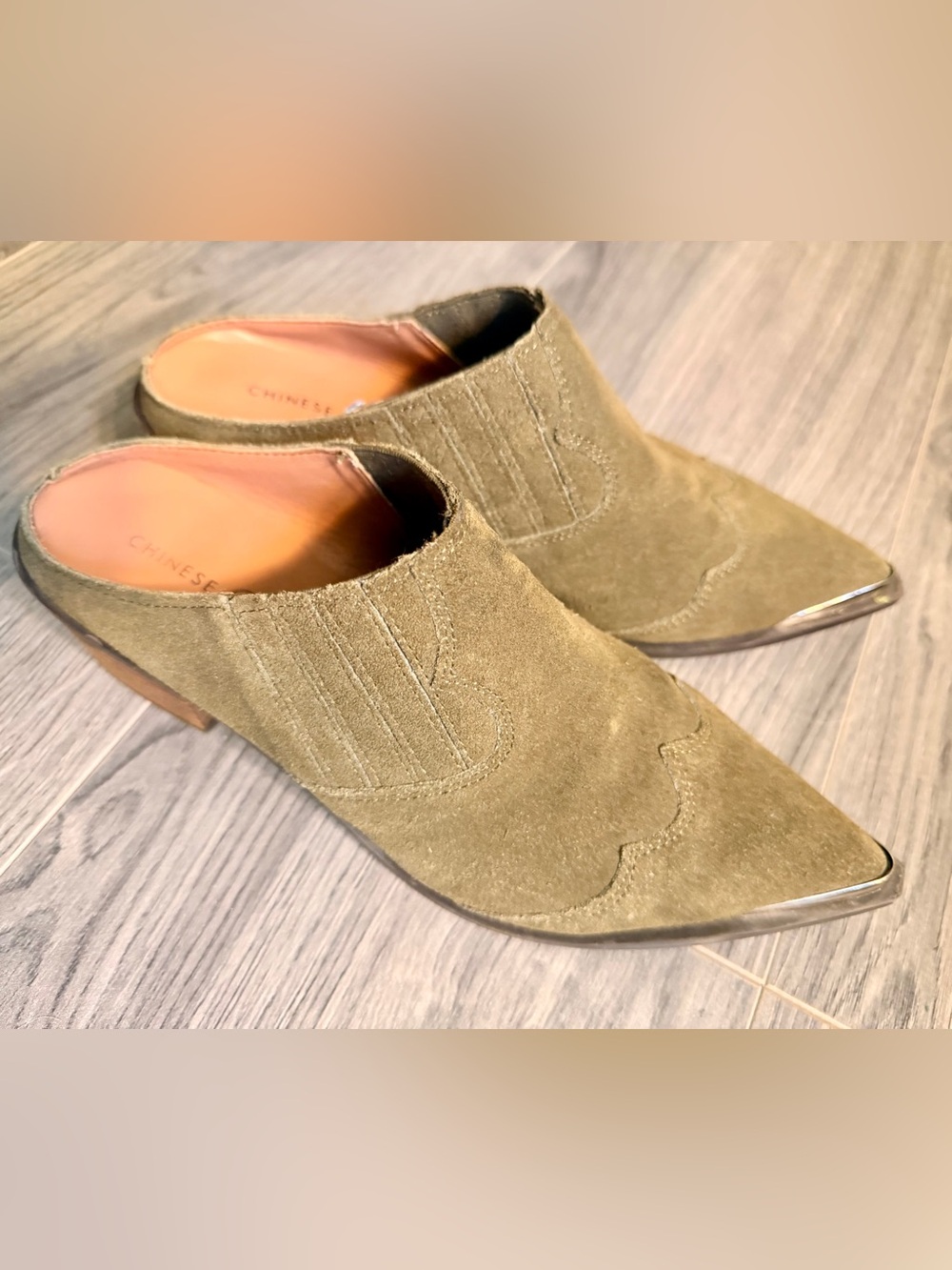 Chinese Laundry Olive Green Suede Pointed Slip-On Mules 7.5